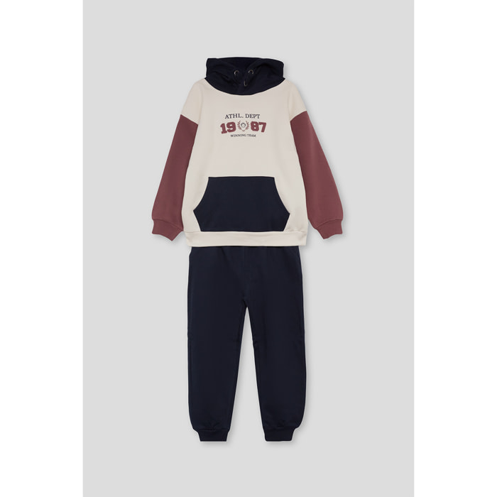 Conjunto niño sudadera con capucha crudo, marino y teja de felpa, bolsillo canguro y puños elásticos | Color: Marino | Street Monkey