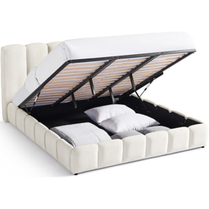 Lit coffre adulte avec tête de lit capitonnée en tissu chenille - NILS