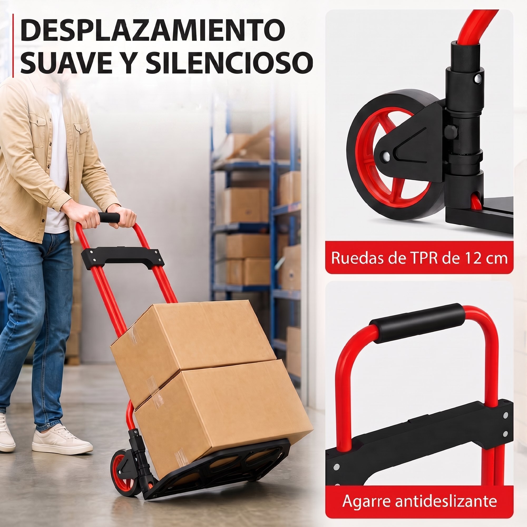 Carretilla Plegable con Mango Telescópico Ajustable, Carga 60 kg, Carretilla de Mano con Ruedas, para Garaje, Oficina, Equipaje, Viajes, Mudanzas y Compras, Rojo