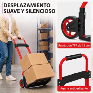 Carretilla Plegable con Mango Telescópico Ajustable, Carga 60 kg, Carretilla de Mano con Ruedas, para Garaje, Oficina, Equipaje, Viajes, Mudanzas y Compras, Rojo