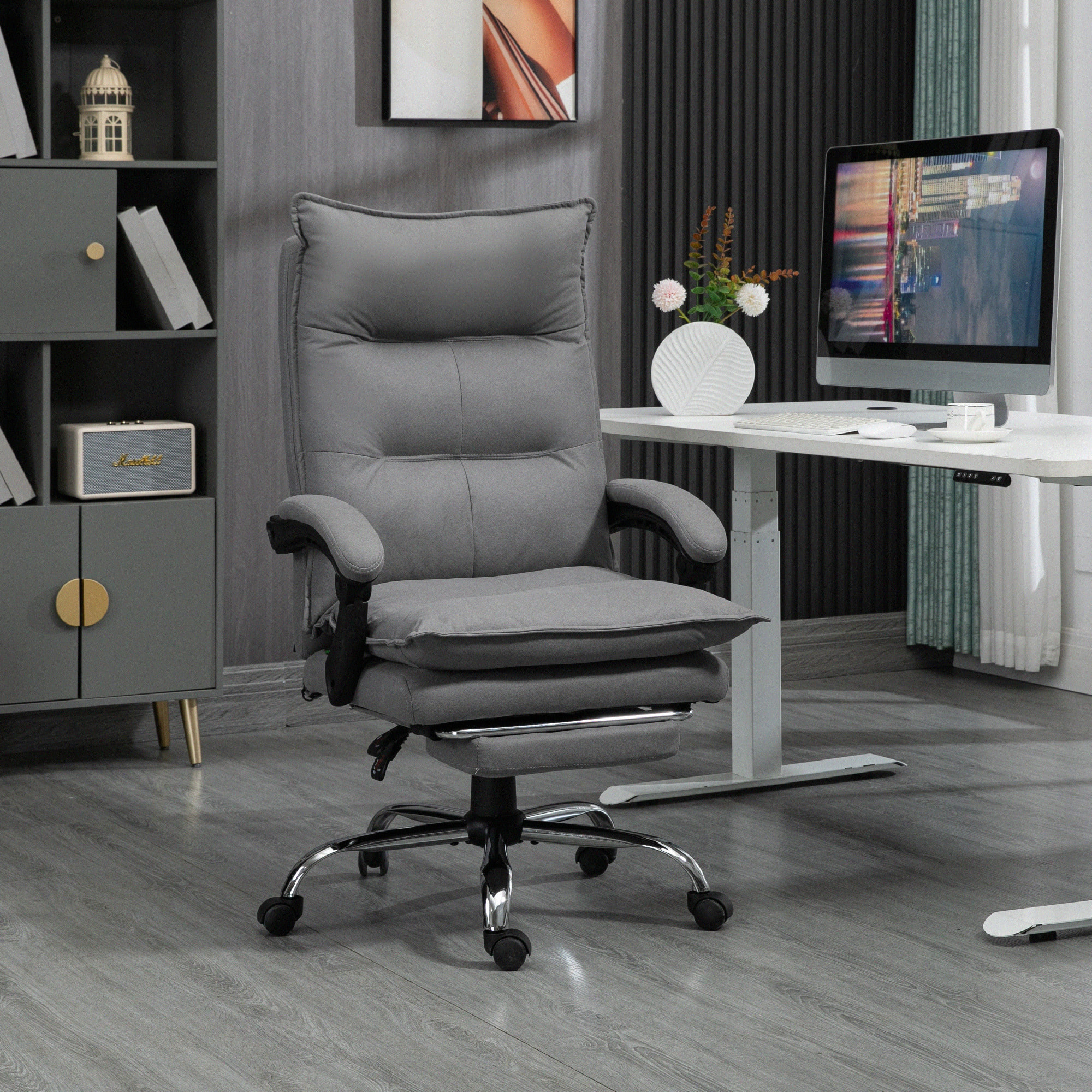 Fauteuil de bureau massant chauffant inclinable réglable repose-pieds rétractable microfibre gris
