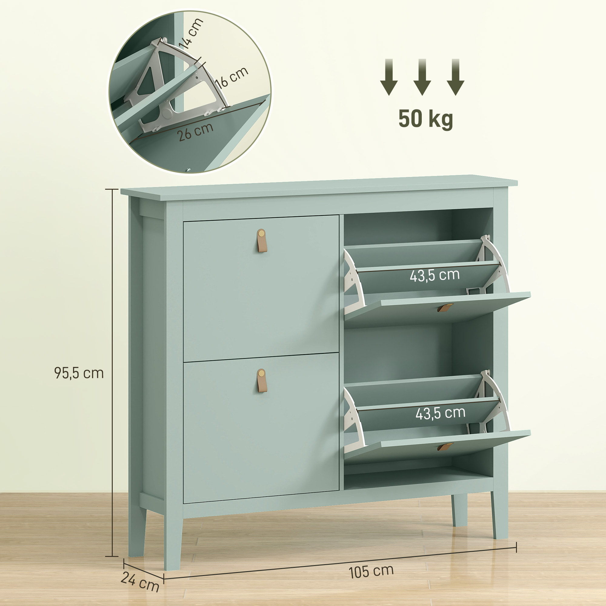 Zapatero Estrecho 4 Puertas, Zapatero Entrada Recibidor, Estantes Ajustables, Tiradores de PU, para 20 Pares de Zapatos, para Pasillo, Espacios Reducidos, 105x24x95,5 cm, Verde Claro