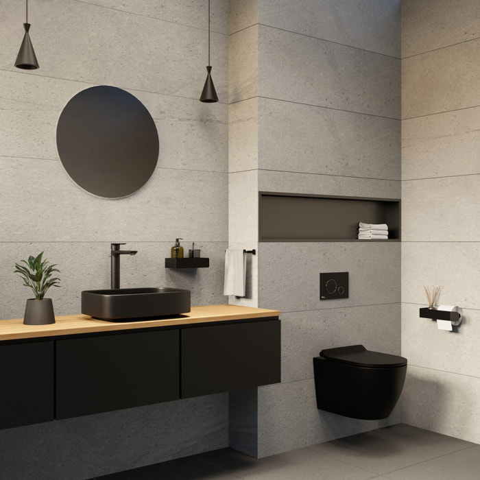 PixL Cuvette suspendue en céramique, sans bride, Tornado, fixations invisibles + abattant Softclose, noir mat (CEPX010RTORPBKM)