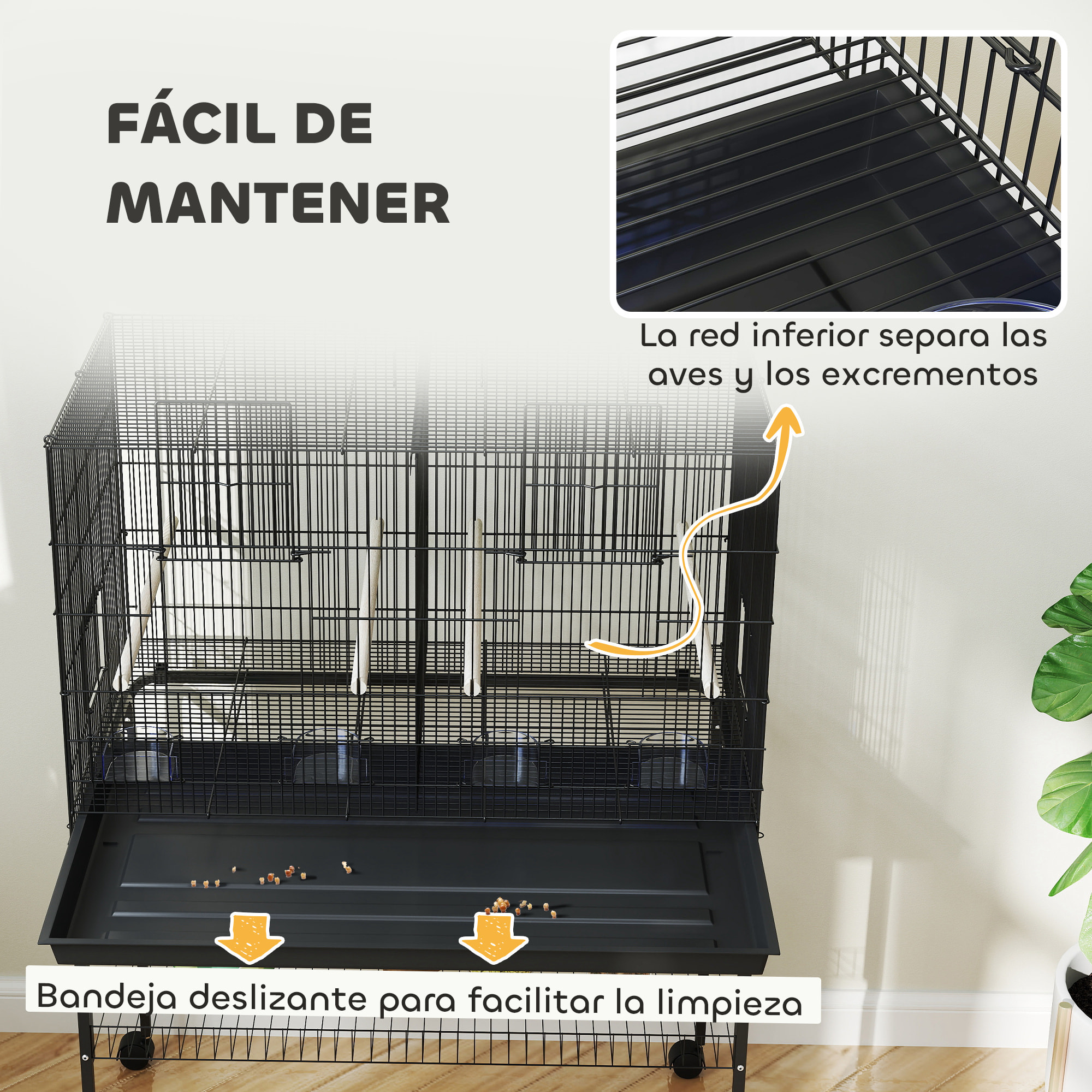 Jaula para Pájaros con Divisor Jaula con Ruedas para Mascota Aves Loros Canarios Pajarera con Comederos Perchas y Bandeja Extraíble 94x57x128 cm Negro