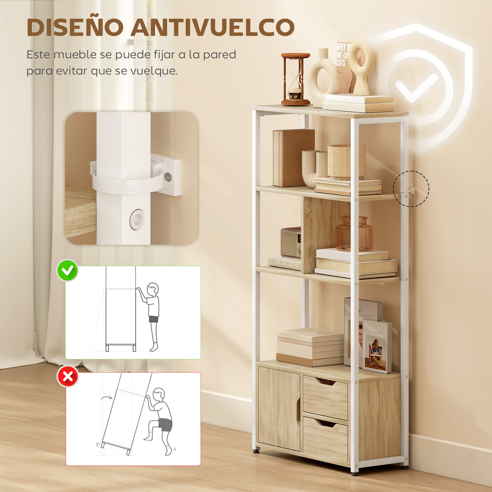 Librería, Estantería para Libros con 4 Estantes, 2 Cajones y Puerta, 58x24x122 cm, Estantería Industrial para Salón, Dormitorio, Estudio, Oficina, Madera Natural