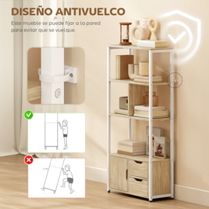 Librería, Estantería para Libros con 4 Estantes, 2 Cajones y Puerta, 58x24x122 cm, Estantería Industrial para Salón, Dormitorio, Estudio, Oficina, Madera Natural