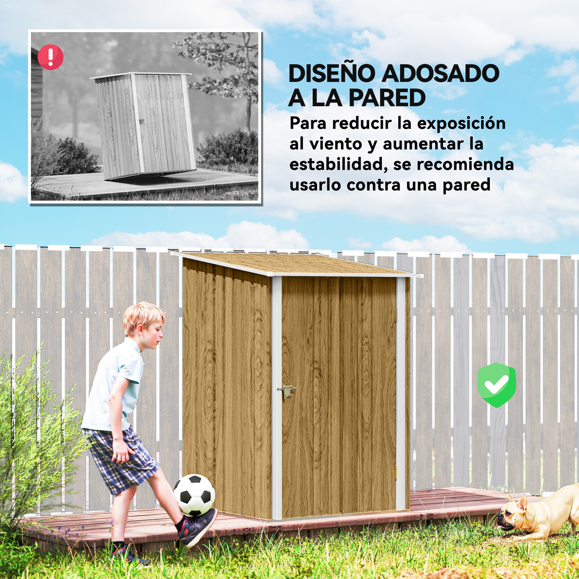 Cobertizo de Jardín Exterior, 0,92 m², 100x103x160 cm, Caseta de Jardín Exterior Metálica con 1 Puerta y Cerradura, para Almacenamiento de Herramientas, para Patio, Terraza, Marrón Claro