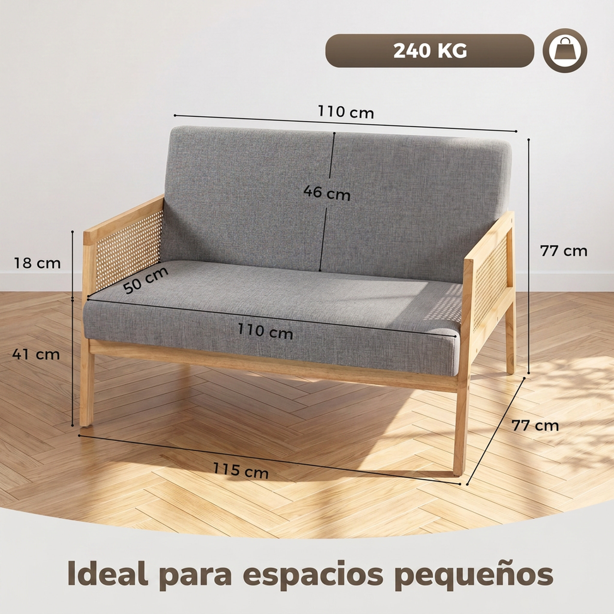 HOMCOM Sofá de 2 Plazas Tapizado en Lino Sintético con Detalles Ratán Sintético, Sofá Compacto Moderno con Estructura de Madera de Caucho, Carga 240 kg para Dormitorio, Salón, 115x77x77 cm, Gris Claro