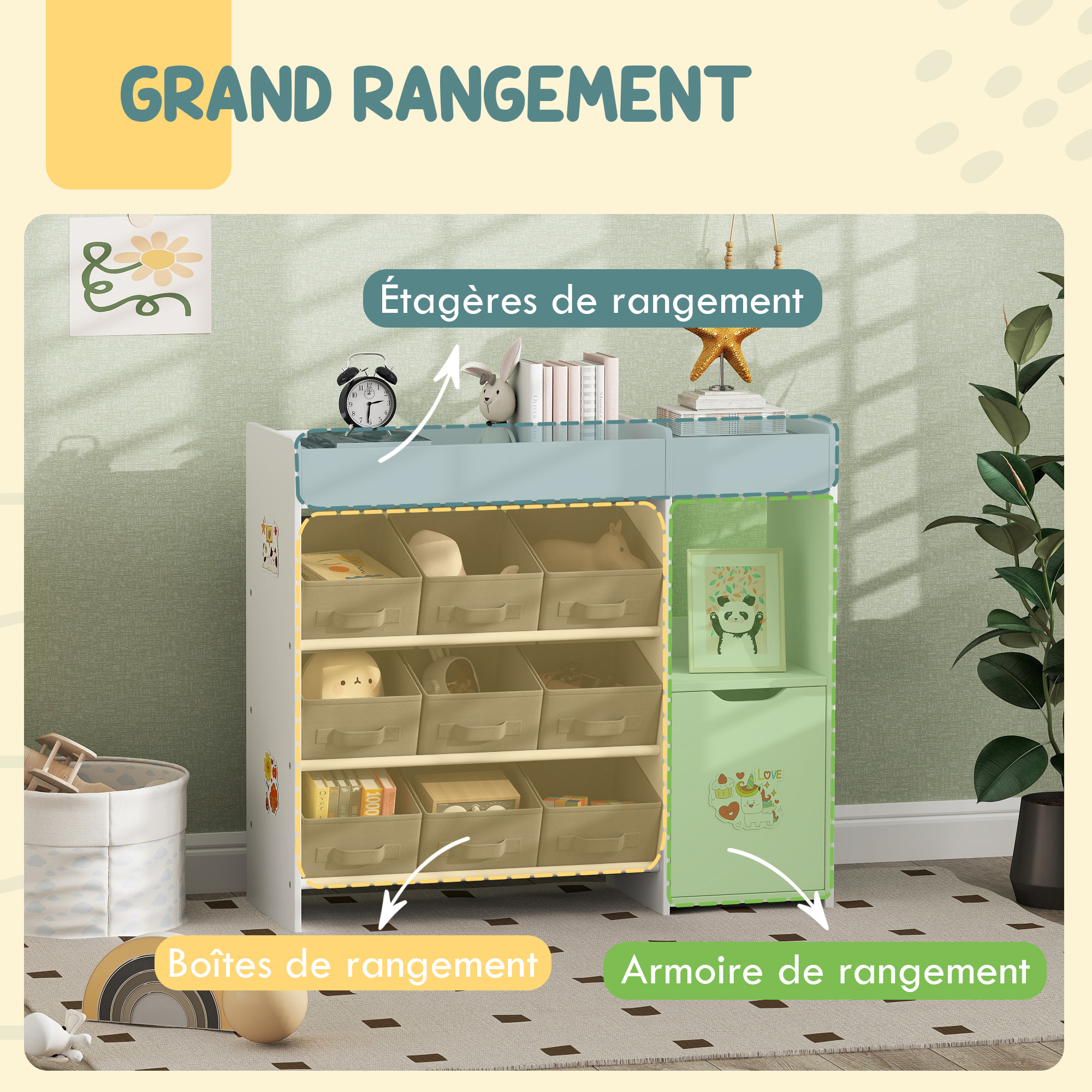 Etagère de rangement enfant pour jouets et livres - 9 boîtes amovibles tissu non-tissé gris - porte, niche, 2 compartiments