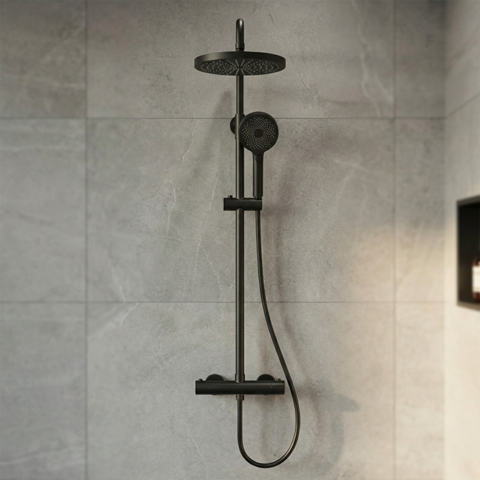 Colonne de douche XXL 250 avec mitigeur thermostatique, Douchette 3 jets, noir mat (SATSSTKEC)