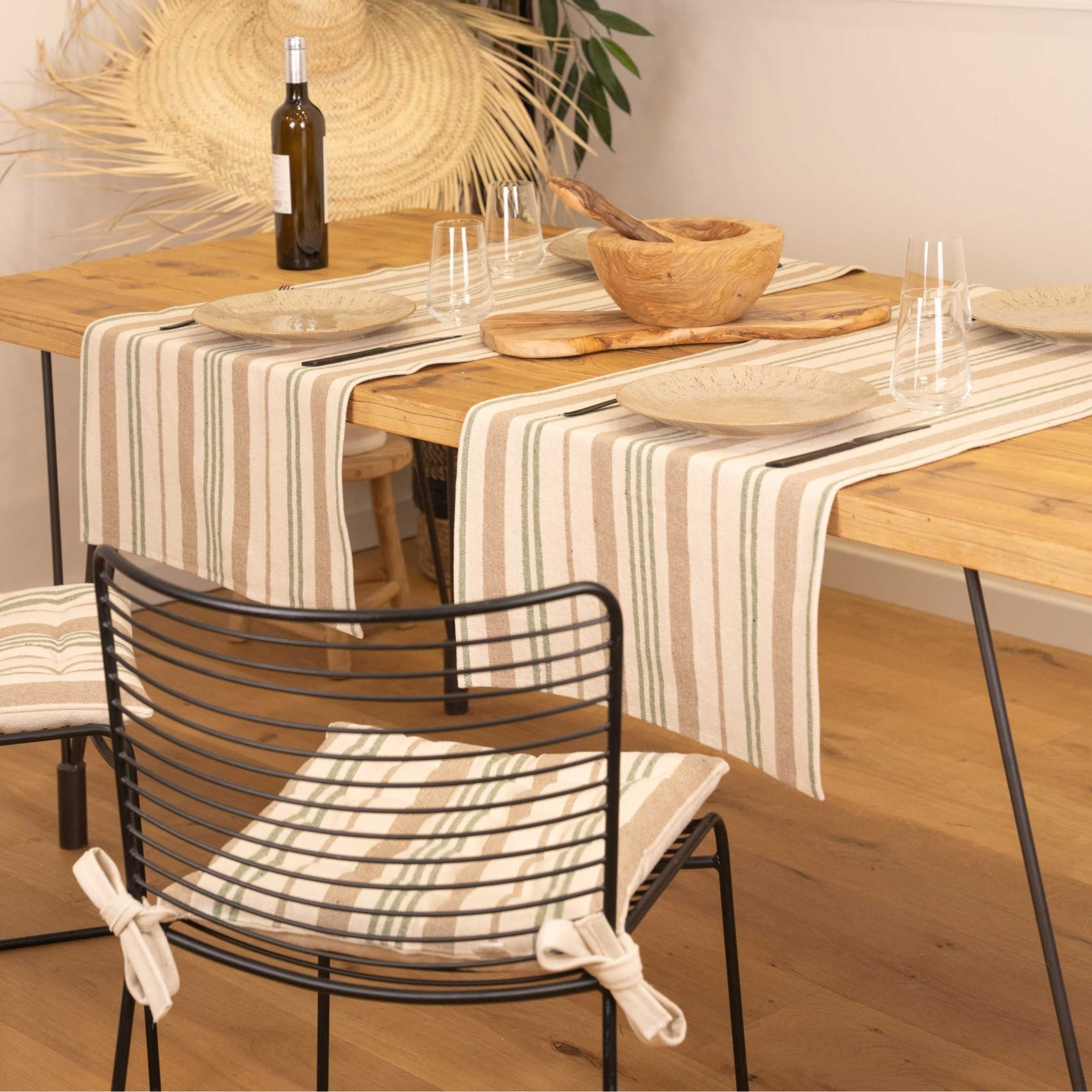 Chemin de table à rayures en coton - Vert Olive