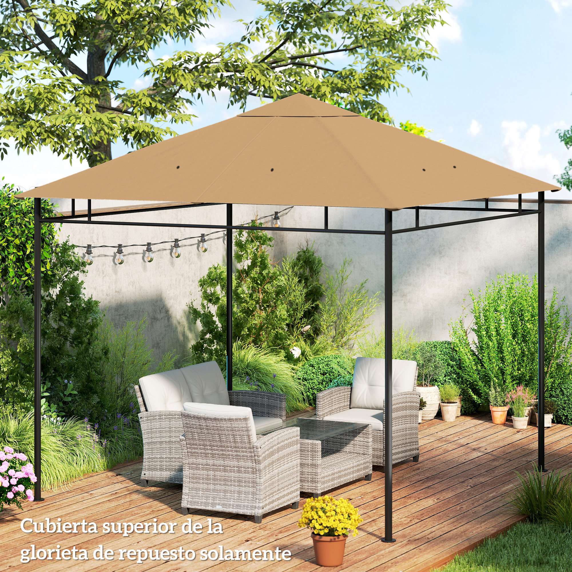 Outsunny Techo de Repuesto para Cenador, 3x3 m, Cubierta de Repuesto con 8 Orificios de Drenaje, Ventilación y Protección UV, SOLO Toldo de Recambio para Pabellón Gazebo, Beige