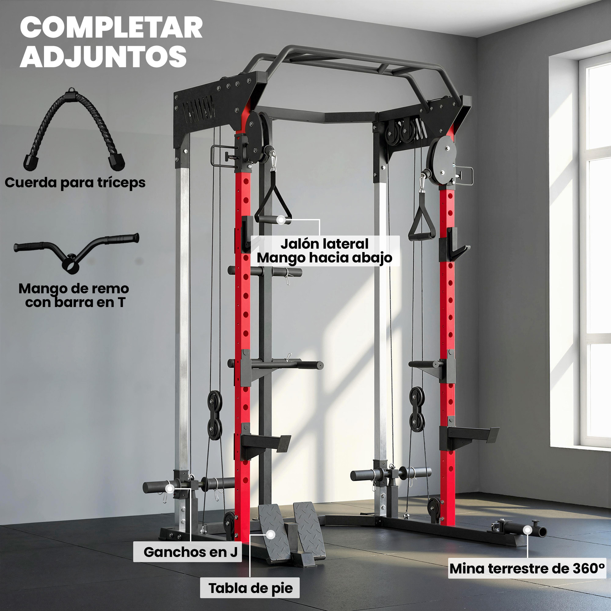 Jaula de Potencia Musculación Smith Machine con Sistema de Poleas Ajustable, Rack para Sentadillas con Barra de Dominadas, Estación de Fondos, Soporte Barra, para Casa Gimnasio, Carga 900 kg