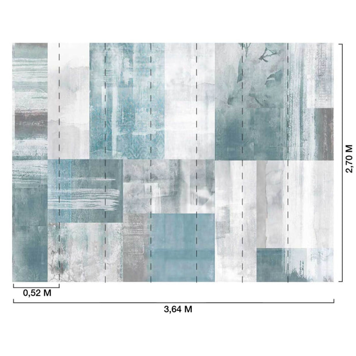 Papier peint abstrait patchwork minéral bleu et gris Intissé