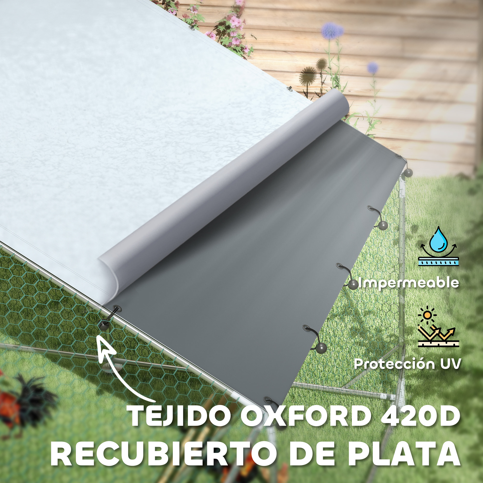 Gallinero para Exterior Gallinero de Acero Galvanizado con Comedero Colgante Tipo Brocheta Percha Cubierta Anti-UV e Impermeable para Conejos Patos Gansos Plata