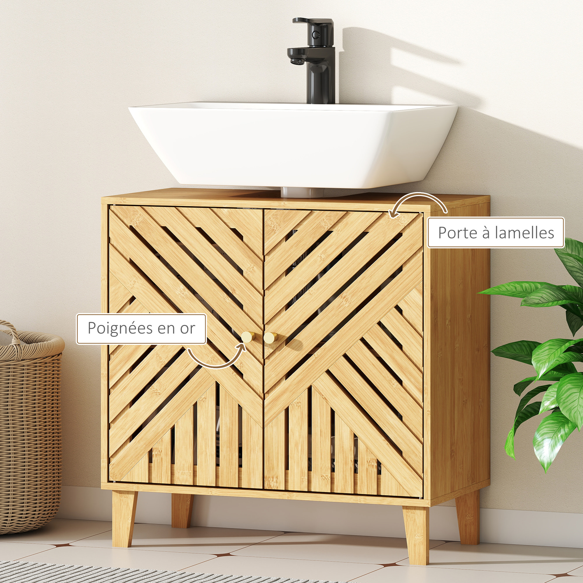 Meuble sous lavabo, meuble de salle de bain en bambou avec étagère réglable et portes à lattes, anti-humidité, 60 x 30 x 60 cm, naturel