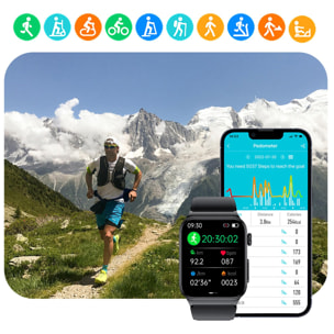 Smartwatch E500 con rilevamento della glicemia, pressione sanguigna e monitor O2. ECG con misurazione del torace. Schermo 1.8. Cinturino in pelle.