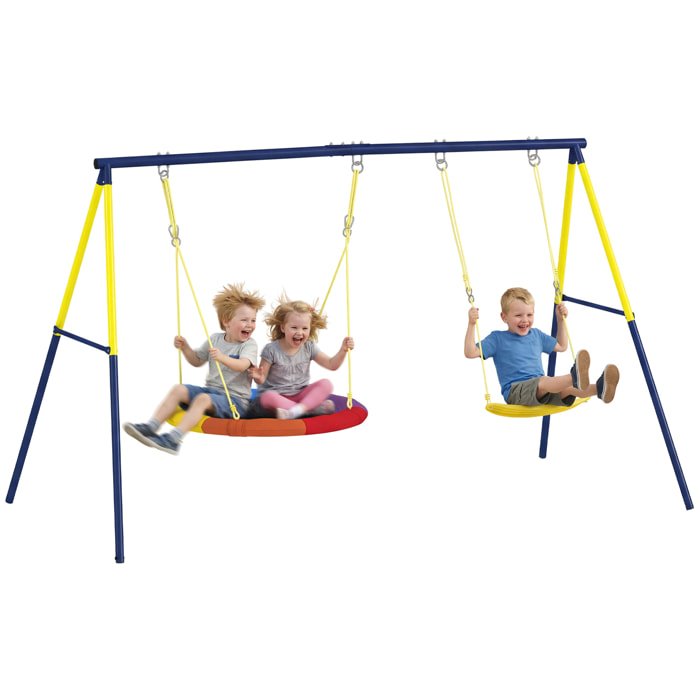 Columpio para Bebés, Columpio Jardín Exterior con Cuerdas Ajustables, Soporte de Acero, Carga 150 kg, para 3 Niños de 3-8 Años, para Interior, Exterior, Multicolor