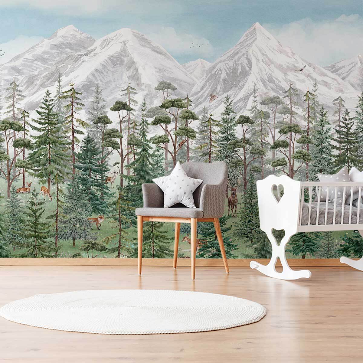 Papier peint panoramique animaux en montagne Intissé