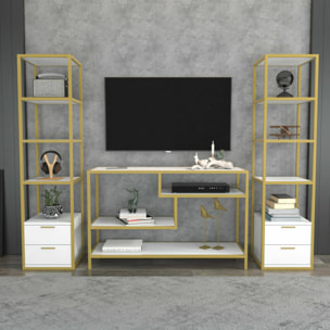 Parete attrezzata Dpisan, Composizione soggiorno, Mobile salotto multiuso, Armadio porta TV, 198x39h160 cm, Oro e Bianco