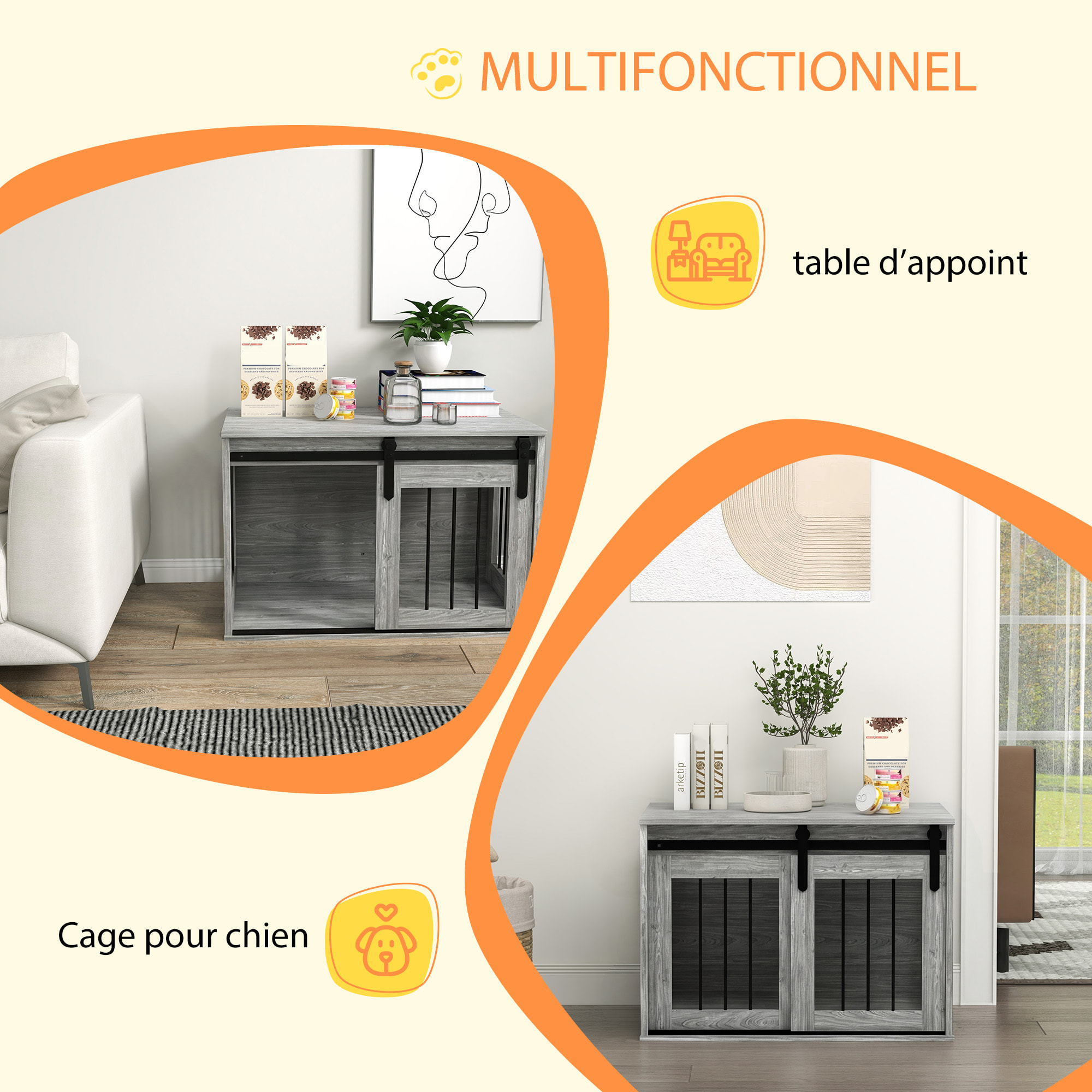 Cage pour chien animaux style industriel - porte coulissante verrouillable - acier noir aspect bois gris