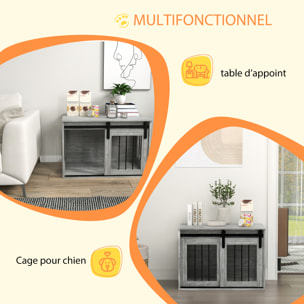 Cage pour chien animaux style industriel - porte coulissante verrouillable - acier noir aspect bois gris