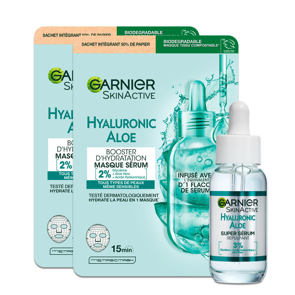 Garnier SkinActive Hyaluronic Aloe Routine Hydratante et Repulpante, Sérum, Gel Repulpant, Masque Tissu