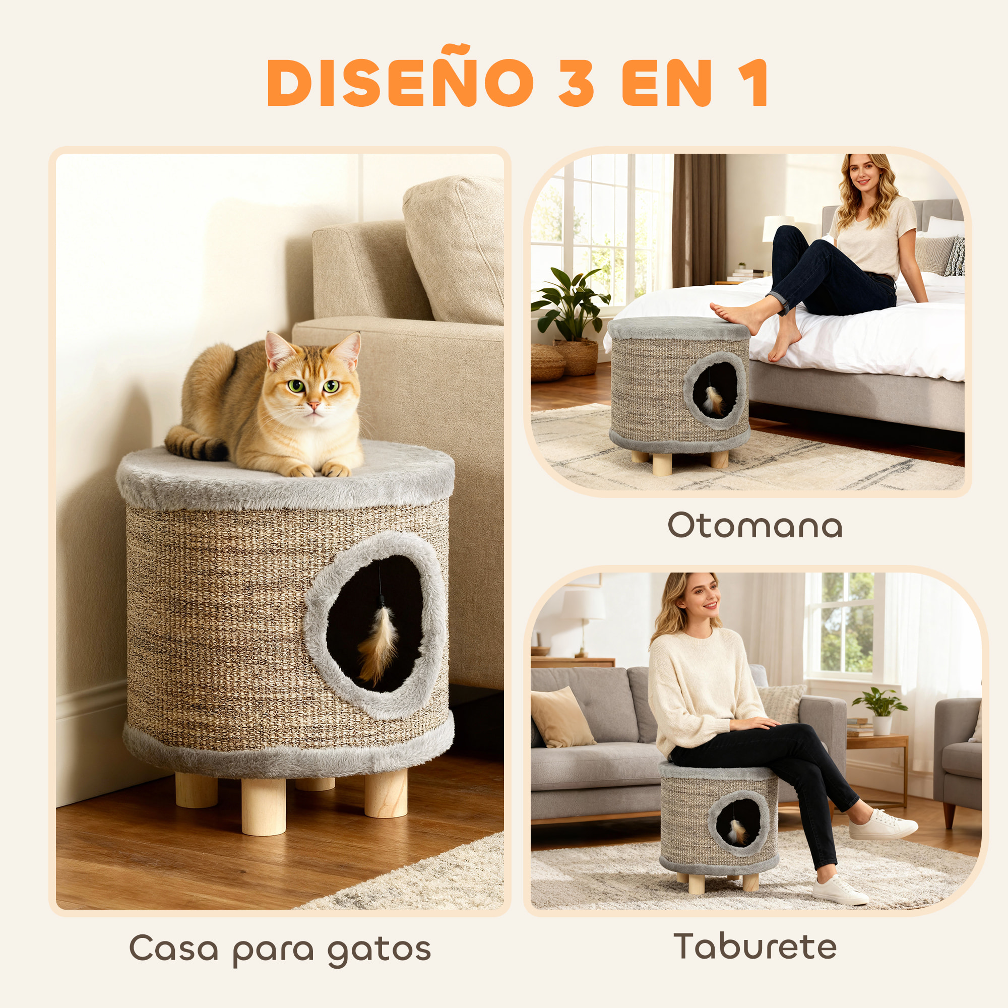 Casa para Gatos 3 en 1 Taburete, Reposapiés, Cama para Gatos con Rascador, Patas de Madera y Pluma Colgante, Cueva para Interior, 36x36x38 cm, Gris