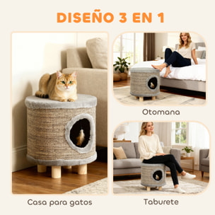 Casa para Gatos 3 en 1 Taburete, Reposapiés, Cama para Gatos con Rascador, Patas de Madera y Pluma Colgante, Cueva para Interior, 36x36x38 cm, Gris