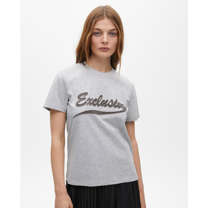 T-shirt a Maniche Corte con Stampa Posizionale e Dettaglio Gioiello