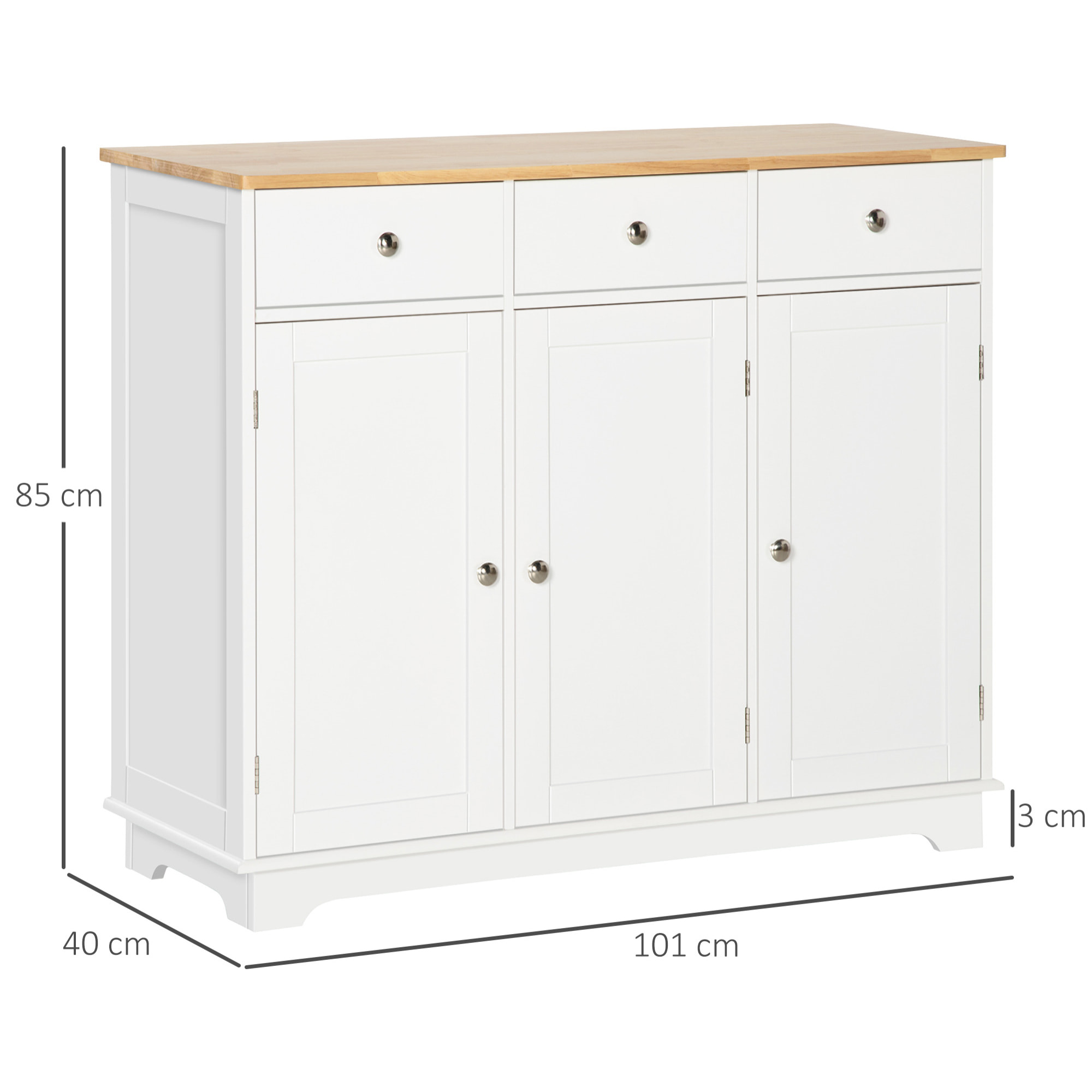 HOMCOM Aparador de Cocina con 3 Cajones 3 Puertas y Estantes Ajustables Mueble Auxiliar de Almacenaje para Comedor Salón Estilo Moderno Antivuelco 101x40x85 cm Blanco