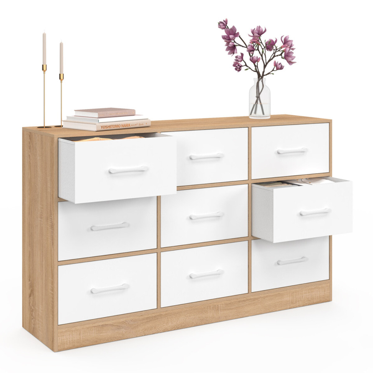 Commode Uma 9 tiroirs bois et blanc