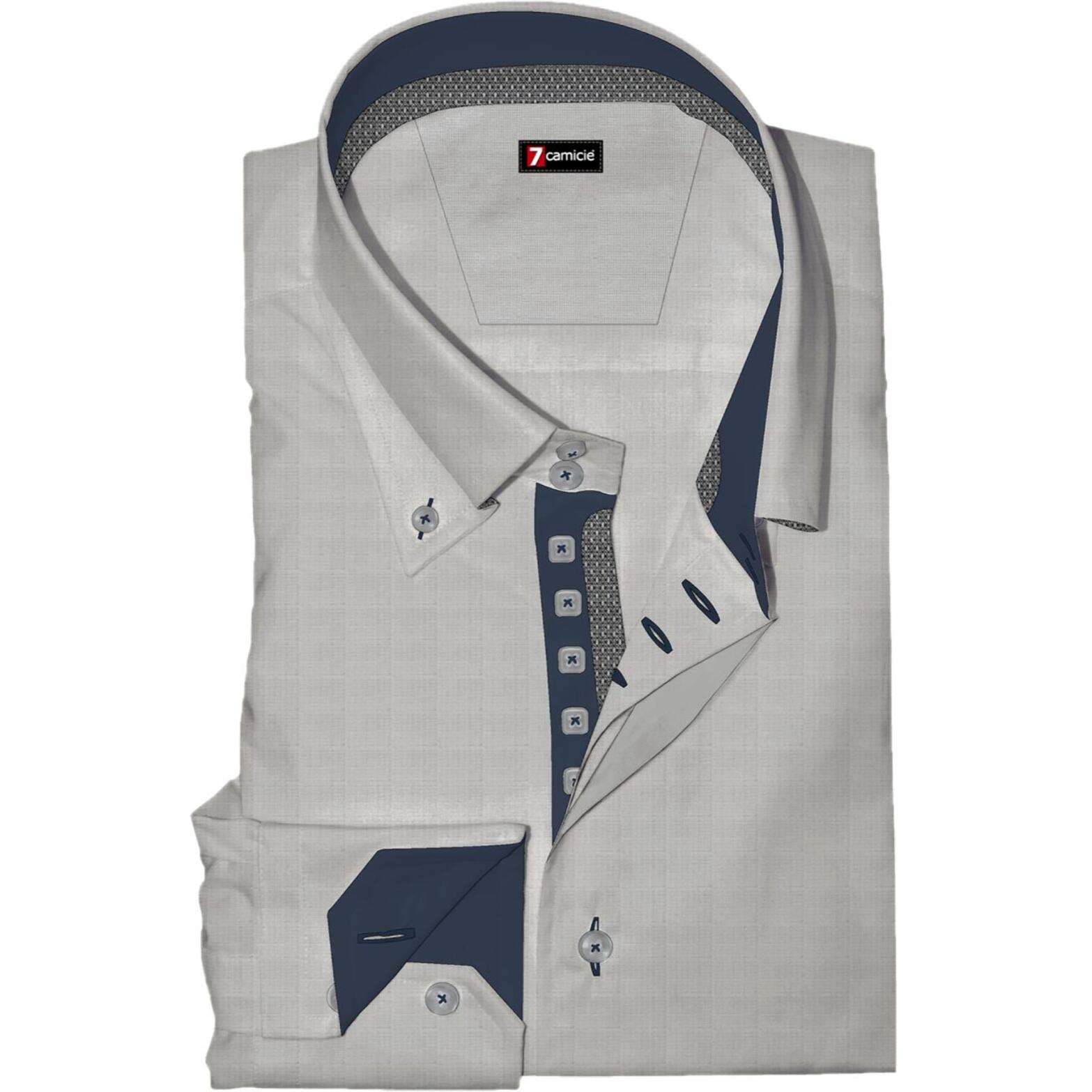 Camicia Uomo 2 Bottoni Button Down Slim Armaturato Fantasia Grigio/Bianco