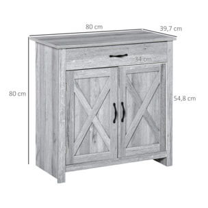 HOMCOM Buffet 2 portes tiroir style rural chic placard avec étagère poignées métal noir MDF panneaux particules aspect bois gris clair