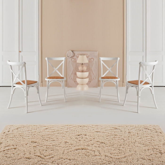 Lot de 4 chaises de bistrot en bois d'hévéa blanc. vintage. assise en rotin. empilables