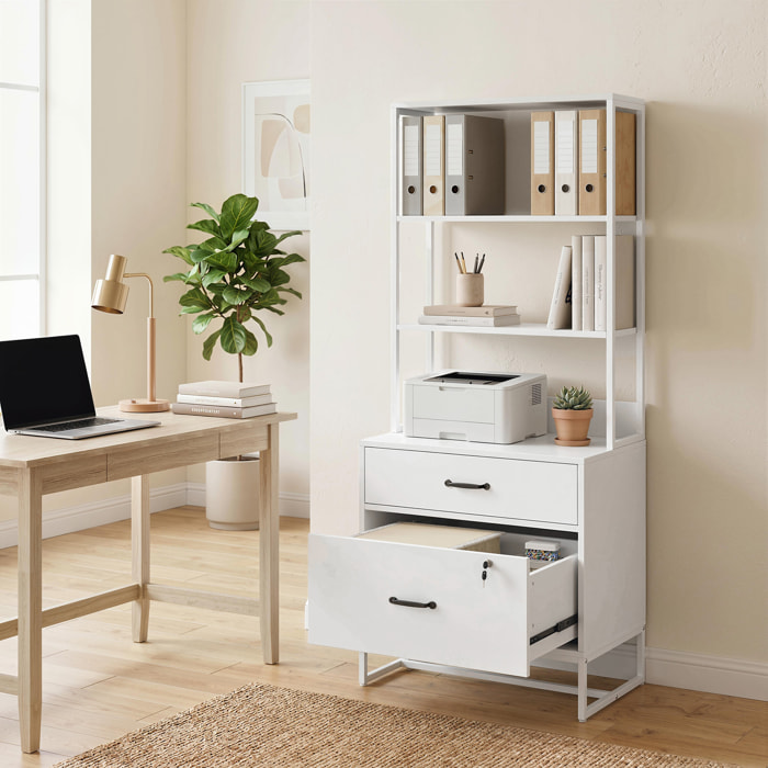 Cajonera Escritorio con Estantería, Mueble Archivador con 2 Cajones, Encimera para Impresora, Cerradura, para A4 Letter Legal, para Oficina, Estudio, Blanco