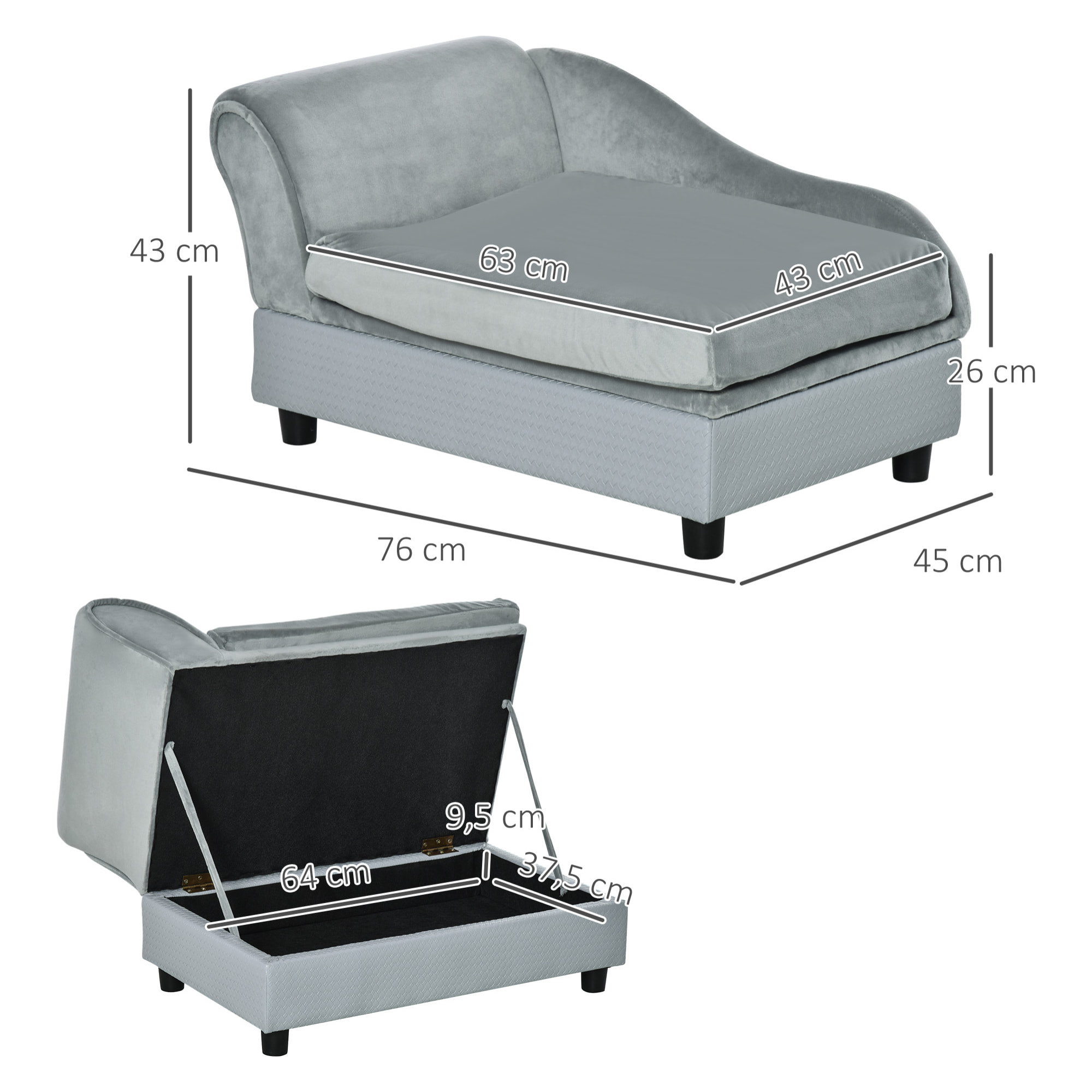 Sofá para Perros Pequeños Sofá para Gatos Tapizado en Terciopelo con Almacenaje Oculto y Cojín Lavable Carga 10 kg 76x45x43 cm Gris Claro