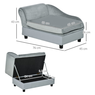Sofá para Perros Pequeños Sofá para Gatos Tapizado en Terciopelo con Almacenaje Oculto y Cojín Lavable Carga 10 kg 76x45x43 cm Gris Claro
