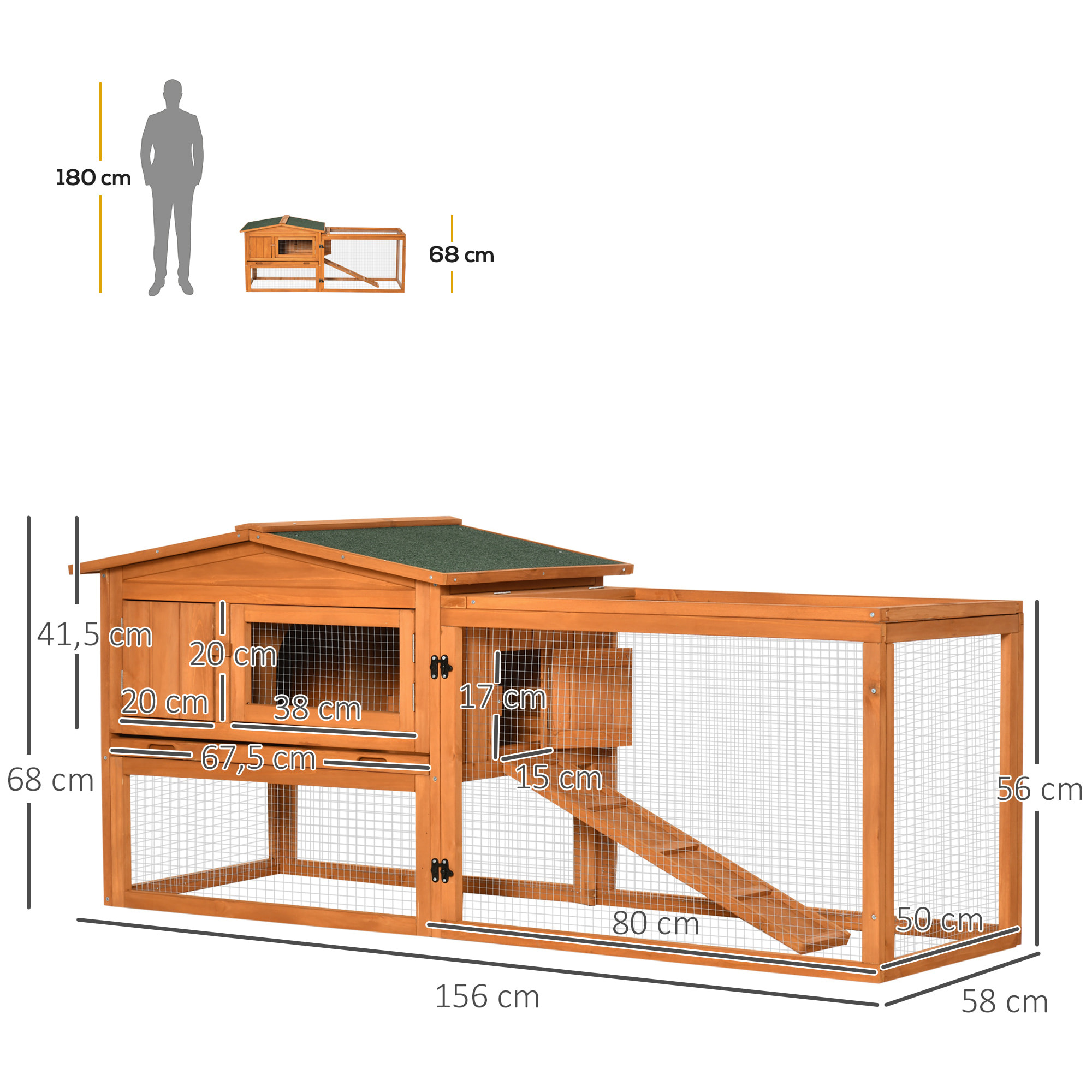 Clapier cage à lapins rongeurs 2 étages tiroir déjection enclos extérieur toit ouvrant dim. 156L x 58l x 68H cm bois sapin pré-huilé