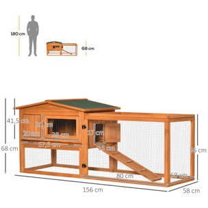 Clapier cage à lapins rongeurs 2 étages tiroir déjection enclos extérieur toit ouvrant dim. 156L x 58l x 68H cm bois sapin pré-huilé