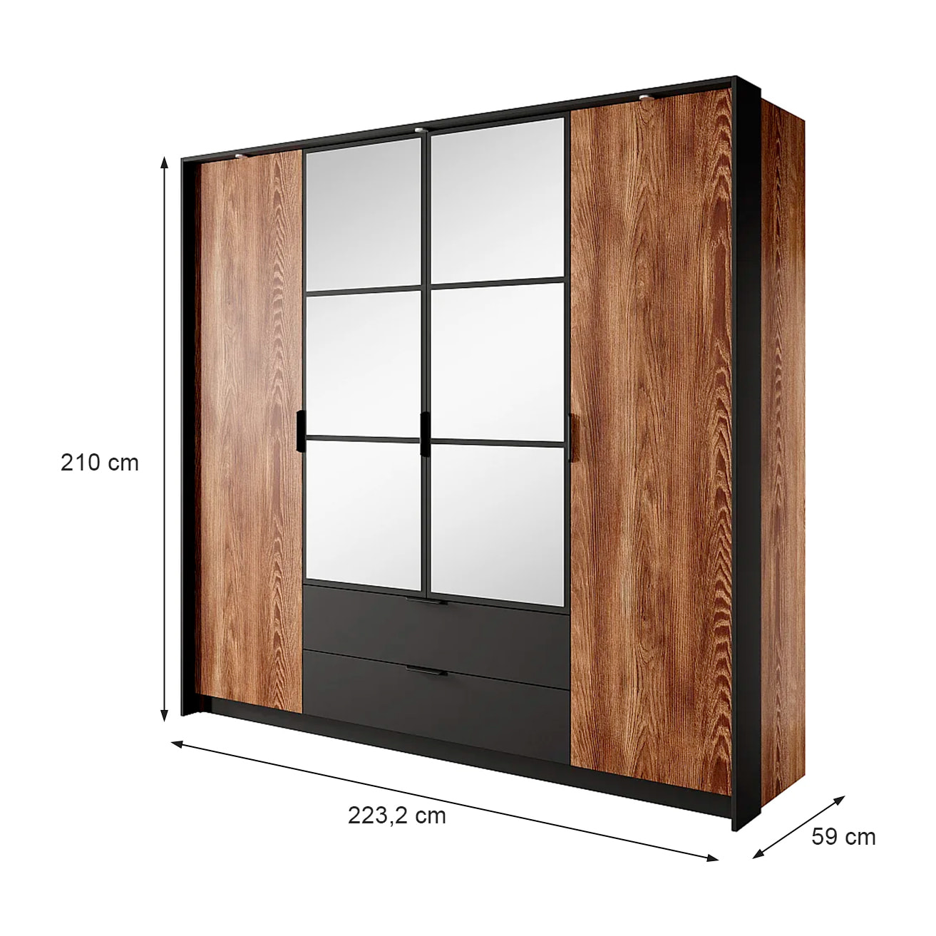 Armadio Guardaroba 4 Ante Con Specchi E 2 Cassetti Per Camera Da Letto 9 Ripiani E Tubo Appendiabiti Moderno 223.2 x 210 x 59 Cm Castagno E Antracite