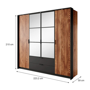 Armadio Guardaroba 4 Ante Con Specchi E 2 Cassetti Per Camera Da Letto 9 Ripiani E Tubo Appendiabiti Moderno 223.2 x 210 x 59 Cm Castagno E Antracite