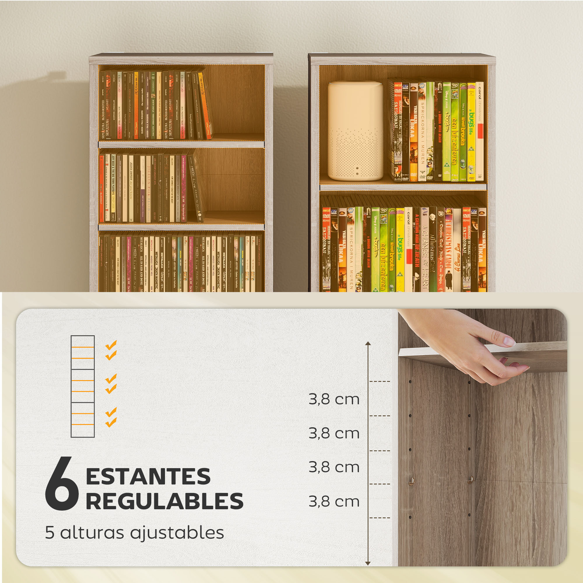 Estantería para CDs y DVDs Soportes para CD Estrechos con 9 Compartimentos Estantes Ajustables para Salón Oficina 33x24x140 cm Madera Natural