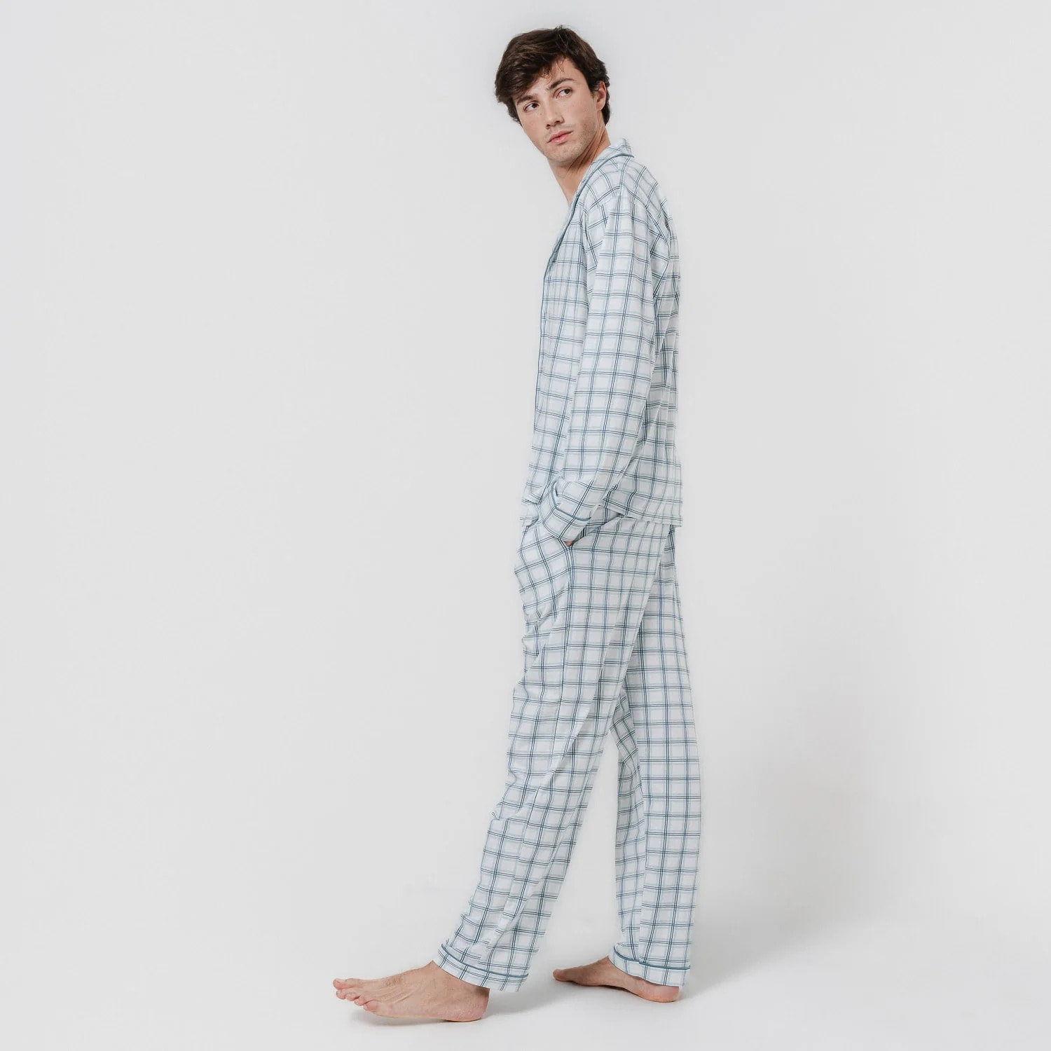 Pigiama lungo stile camicia in cotone a quadri verdi jake