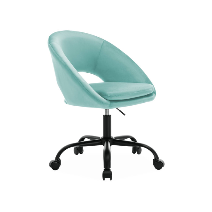 Chaise de bureau ronde à roulettes en velours cyan. Pam. L 59 x P 60 x H 79 / 89cm.