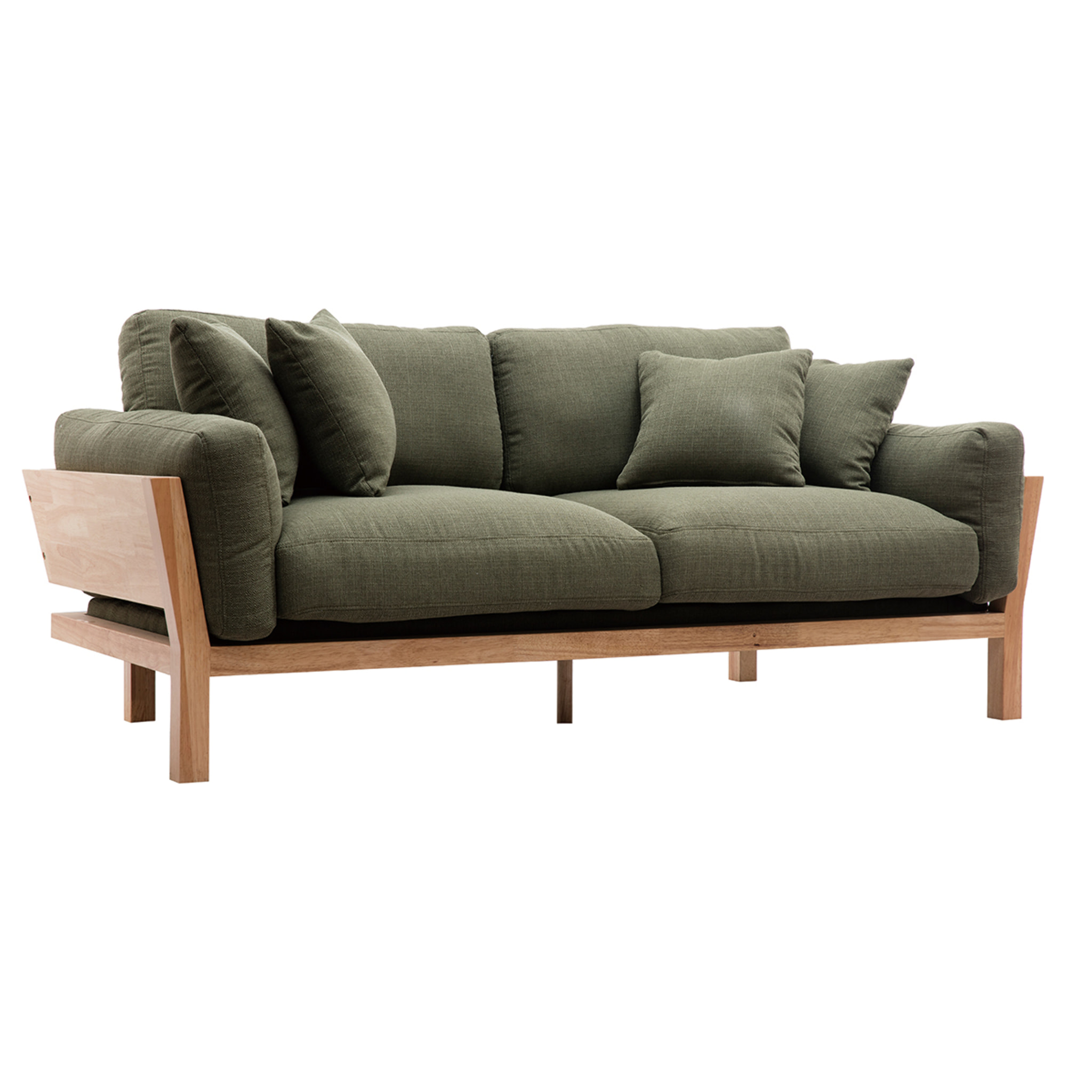 Canapé scandinave déhoussable 3 places en tissu vert kaki et bois clair KYO