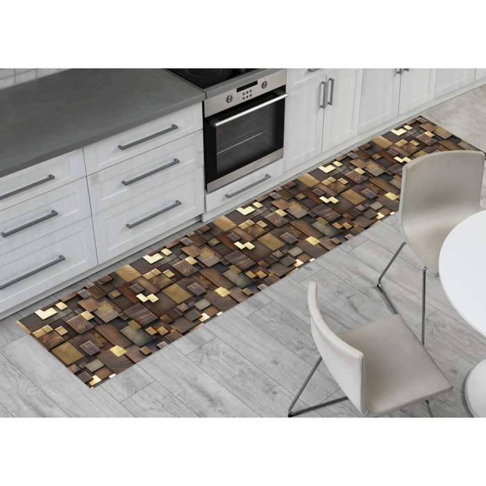 Tappeto Passatoia Corsia Cucina Ingresso Antimacchia Disegno Quadri 3d Marrone 3766