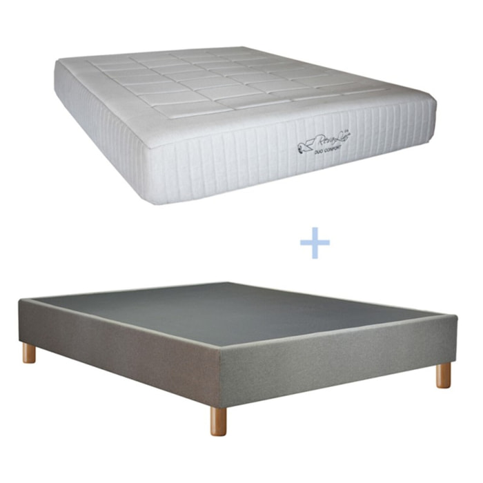 Ensemble Matelas Duoconfort & sommier déco | 28 cm | Mémoire de forme et Mousse très haute résilience (THR) | Cadre à lattes | Tissu | Gris clair