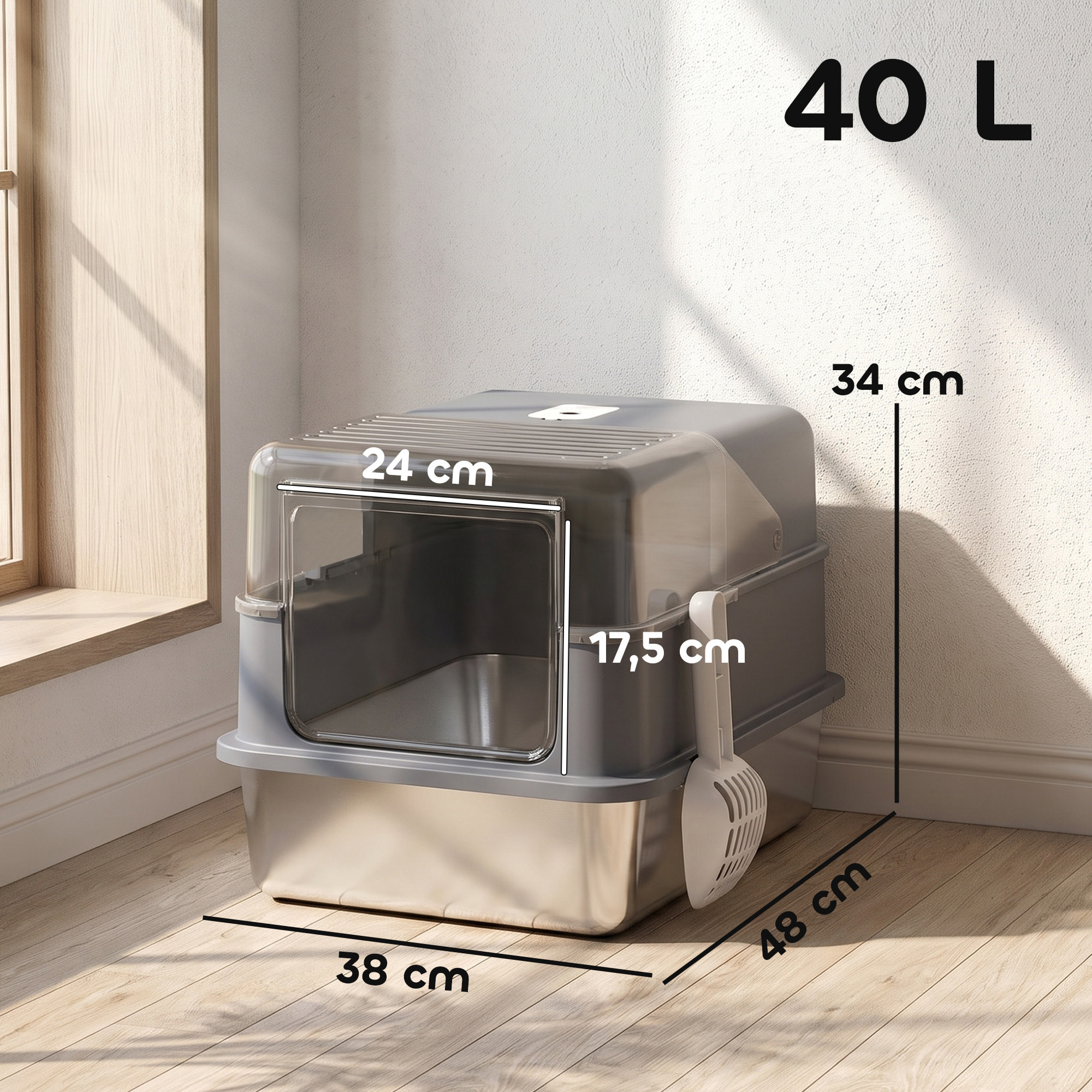 Maison de toilette bac à litière 2-en-1 acier inox PP avec accessoires