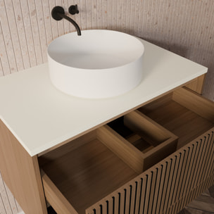 Meuble Salle de Bains 80 2 Tiroirs Décor Chêne et Noir - Vasque et Plan Blancs - Miroir Ovale